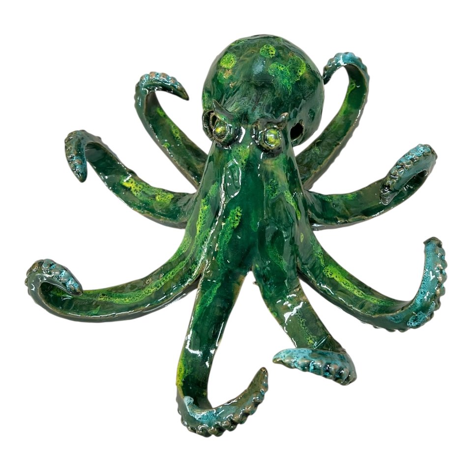 Polpo ornamentale in ceramica siciliana decoro verde smeraldo Produzione artigianale di Palermo Lunghezza 25cm