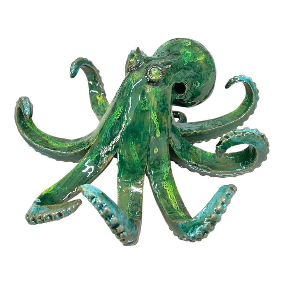 Polpo ornamentale in ceramica siciliana decoro verde smeraldo Produzione artigianale di Palermo Lunghezza 25cm