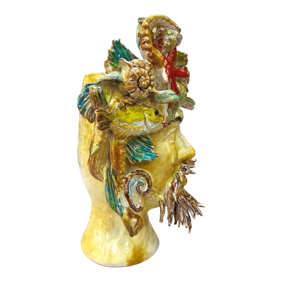 Teste di moro collezione I Miti modello Nettuno decoro giallo sabbia Produzione artigianale di Palermo h.30cm