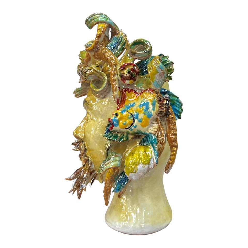 Teste di moro collezione I Miti modello Nettuno decoro giallo sabbia Produzione artigianale di Palermo h.30cm