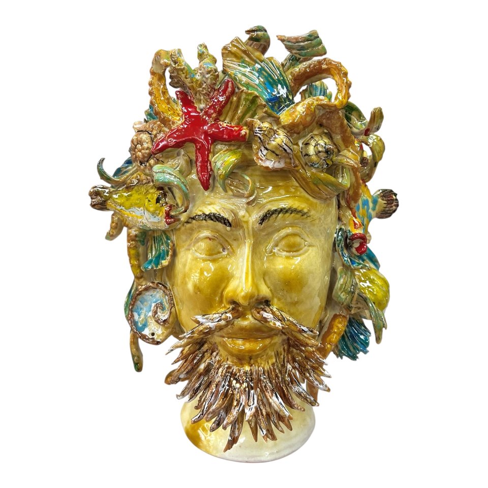 Testa di moro collezione I Miti modello Nettuno decoro giallo sabbia Produzione artigianale di Palermo h.30cm