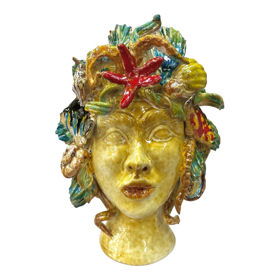 Testa di moro collezione I Miti modello Sirena decoro giallo sabbia Produzione artigianale di Palermo h.30cm