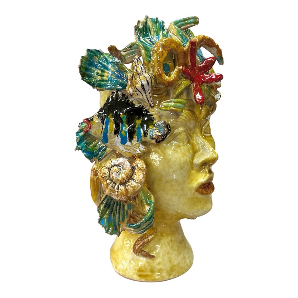 Teste di moro collezione I Miti modello Sirena decoro giallo sabbia Produzione artigianale di Palermo h.30cm