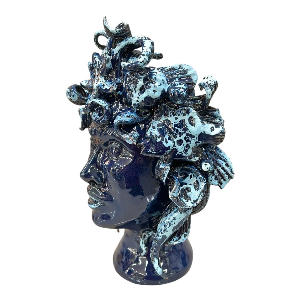 Teste di moro collezione I Miti modello Sirena decoro blu marino effetto marmo Produzione artigianale di Palermo h.30cm