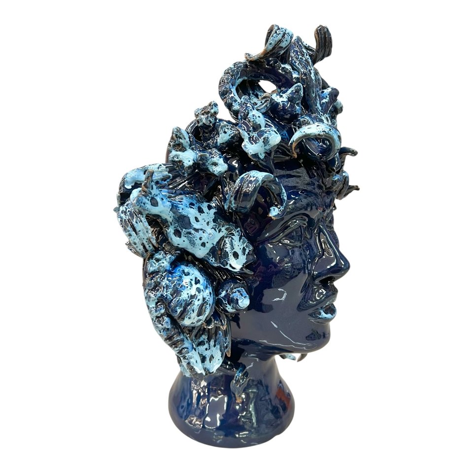 Teste di moro collezione I Miti modello Sirena decoro blu marino effetto marmo Produzione artigianale di Palermo h.30cm