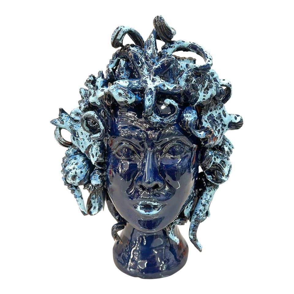 Teste di moro collezione I Miti modello Sirena decoro blu marino effetto marmo Produzione artigianale di Palermo h.30cm