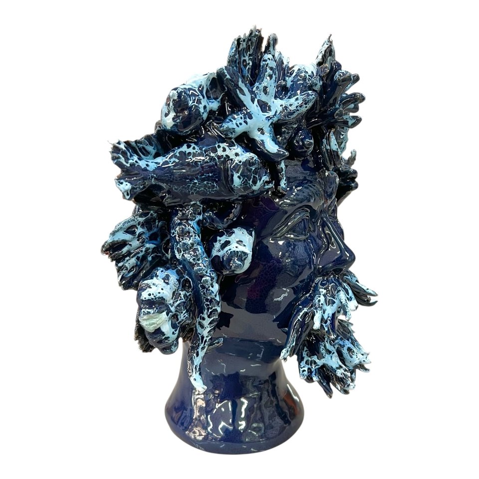 Teste di moro collezione I Miti modello Nettuno decoro blu marino effetto marmo Produzione artigianale di Palermo h.30cm