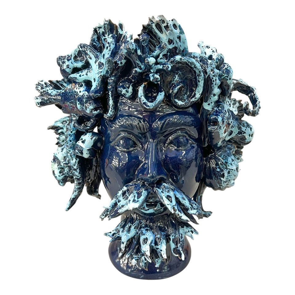 Teste di moro collezione I Miti modello Nettuno decoro blu marino effetto marmo Produzione artigianale di Palermo h.30cm