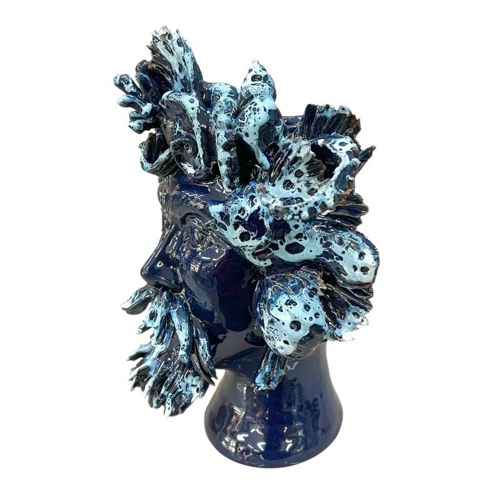 Teste di moro collezione I Miti modello Nettuno decoro blu marino effetto marmo Produzione artigianale di Palermo h.30cm