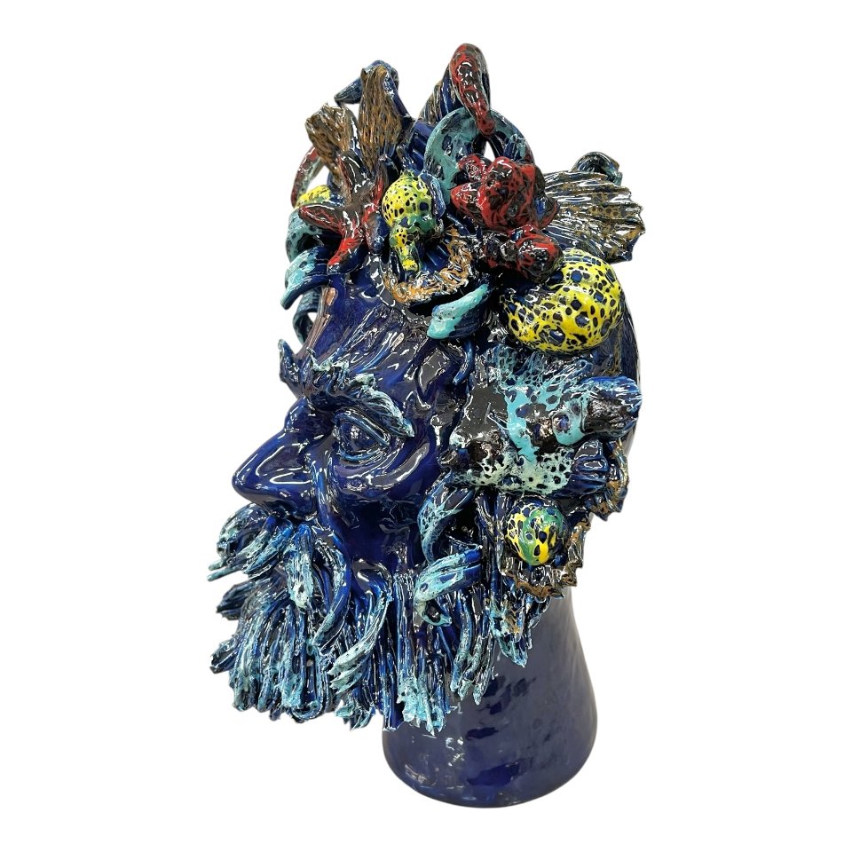 Teste di moro collezione I Miti modello Nettuno decoro blu marino Produzione artigianale di Palermo h.40cm