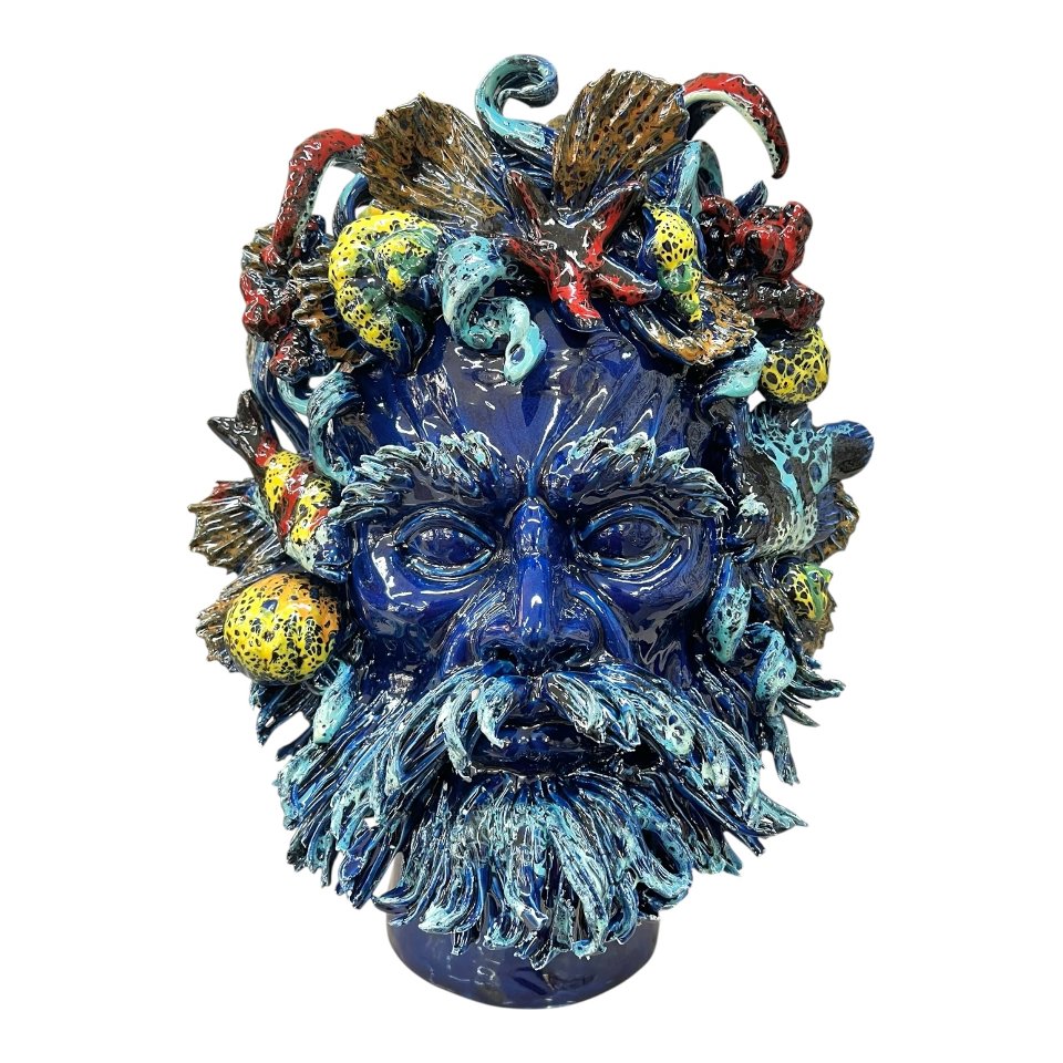 Teste di moro collezione I Miti modello Nettuno decoro blu marino Produzione artigianale di Palermo h.40cm