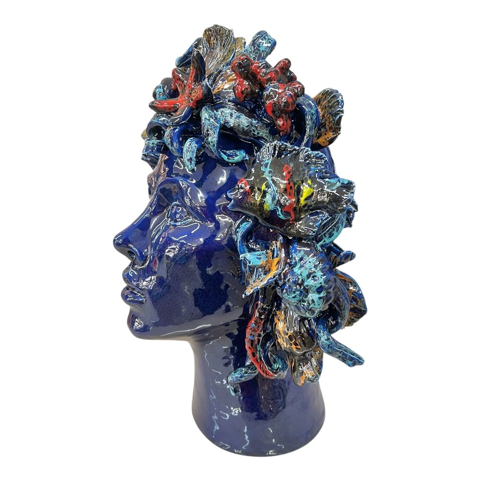 Teste di moro collezione I Miti modello Sirena decoro blu marino Produzione artigianale di Palermo h.40cm