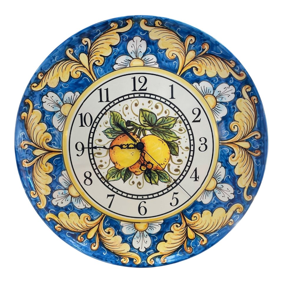 Orologio da parete in ceramica siciliana decoro ornato con limoni Produzione artigianale di Santo Stefano di Camastra diametro 45cm