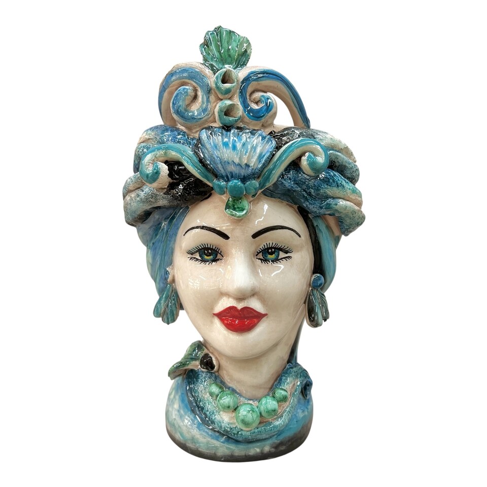 Coppia Teste di moro in ceramica siciliana con corona e turbante decoro blu e nero Produzione artigianale di Caltagirone h.30cm