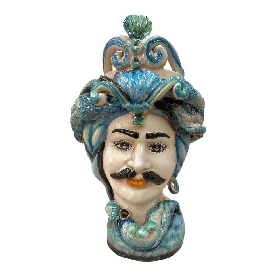Coppia Teste di moro in ceramica siciliana con corona e turbante decoro blu e nero Produzione artigianale di Caltagirone h.30cm