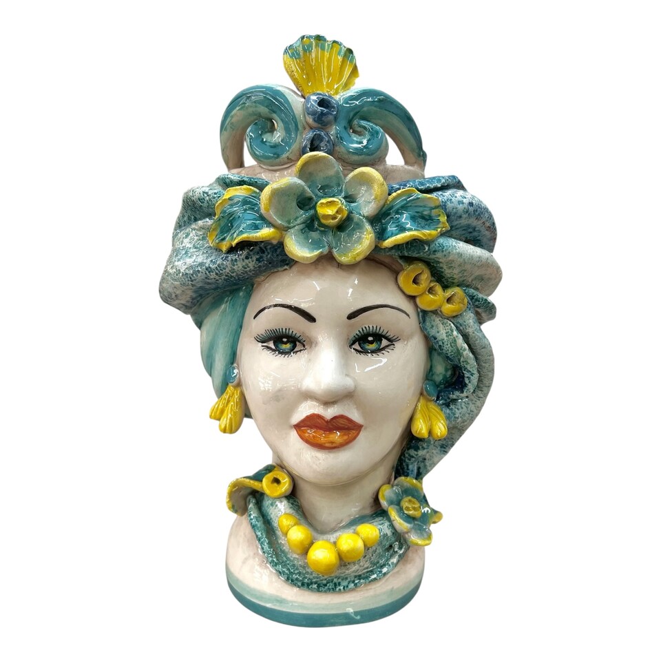 Coppia Teste di moro in ceramica siciliana con corona e turbante decoro azzurro e giallo Produzione artigianale di Caltagirone h.30cm