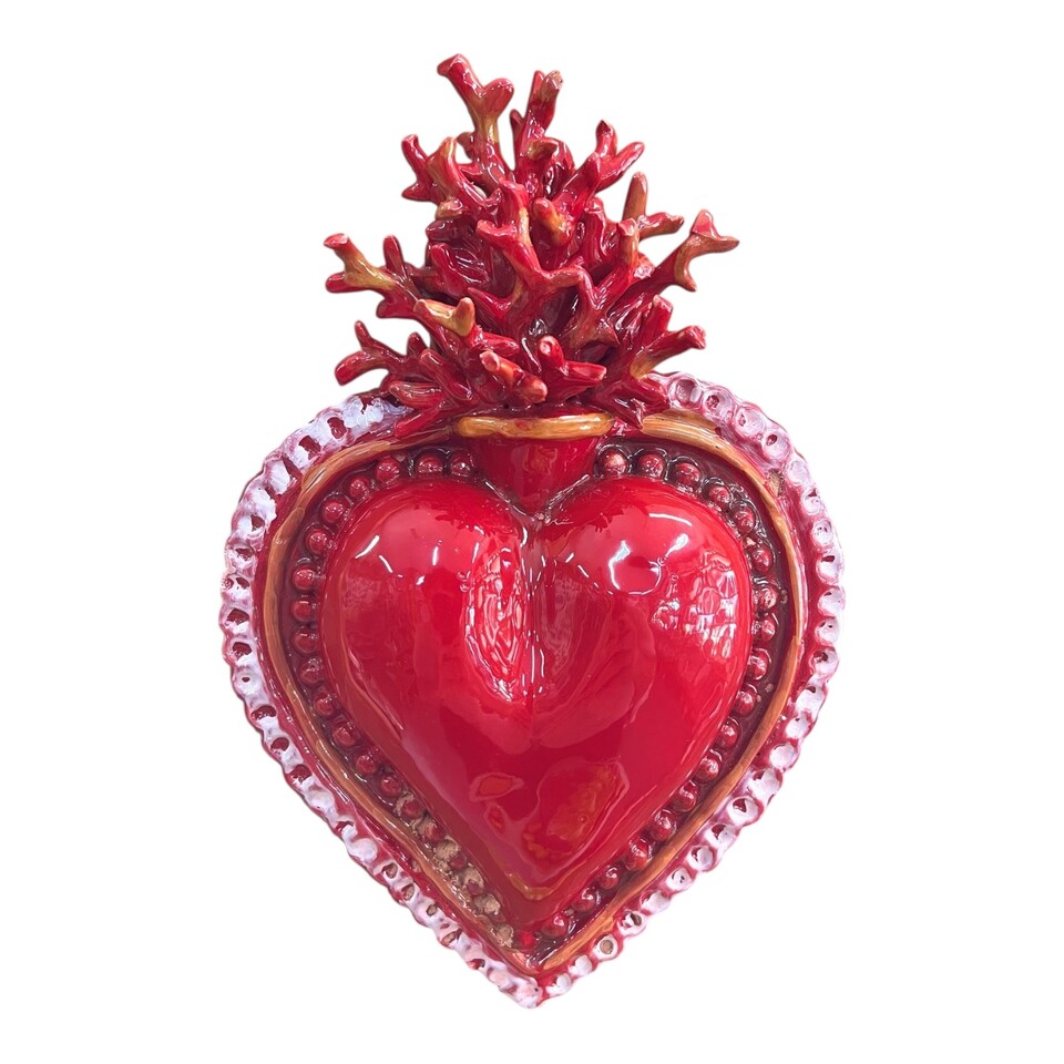 Cuore Sacro Ex Voto in ceramica siciliana decoro rosso corallo Produzione artigianale di Palermo h.30cm