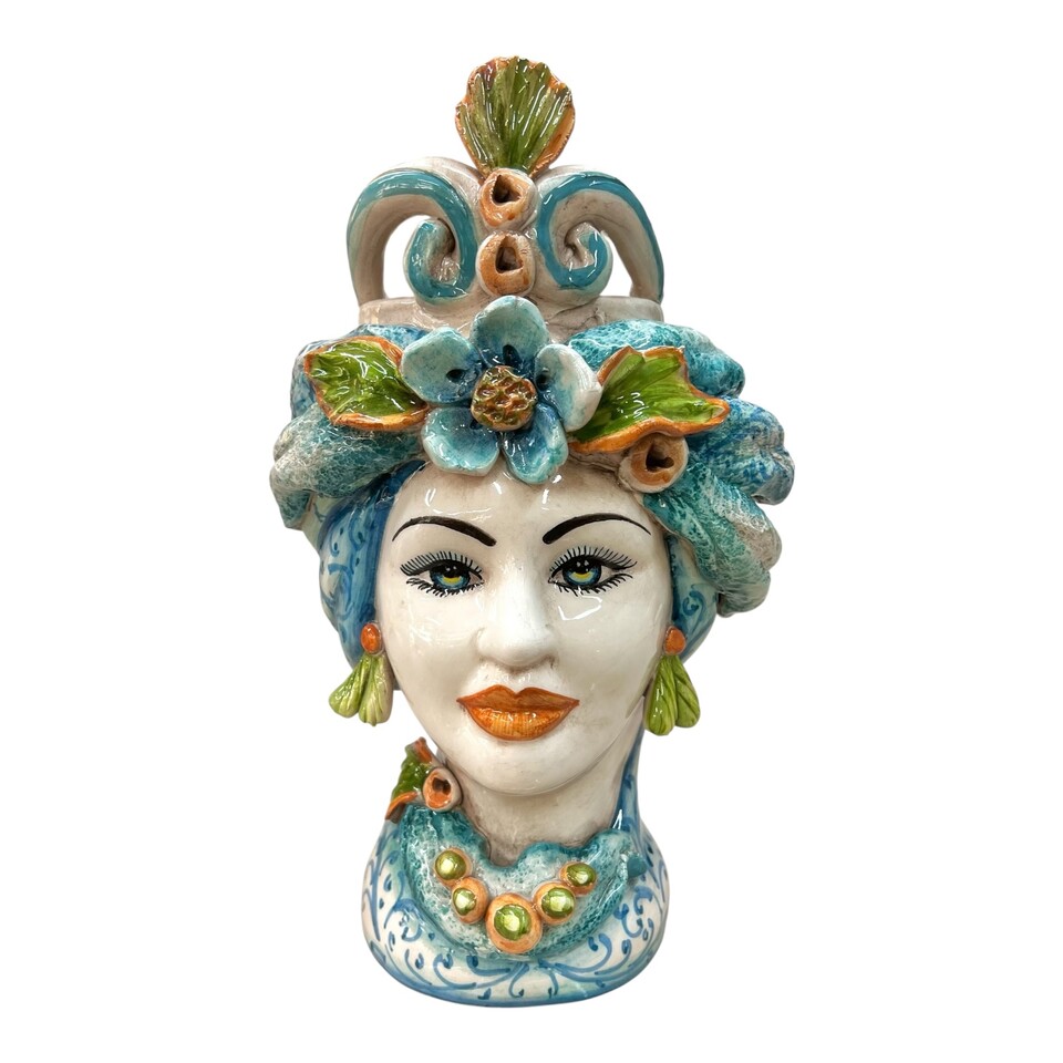 Coppia Teste di moro in ceramica siciliana con corona e turbante decoro blu antico Produzione artigianale di Caltagirone h.30cm