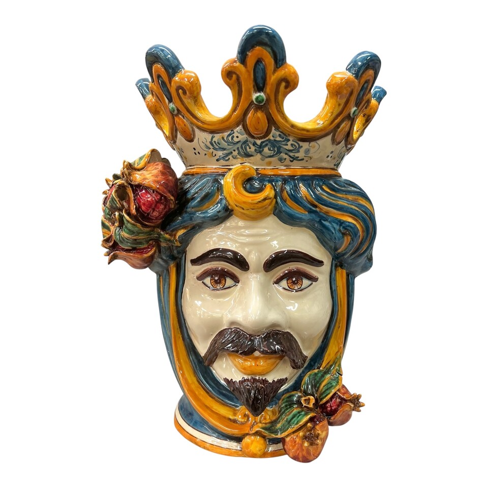 Testa di moro uomo con melograni in ceramica siciliana decoro blu e arancione Produzione artigianale di Caltagirone h.40cm