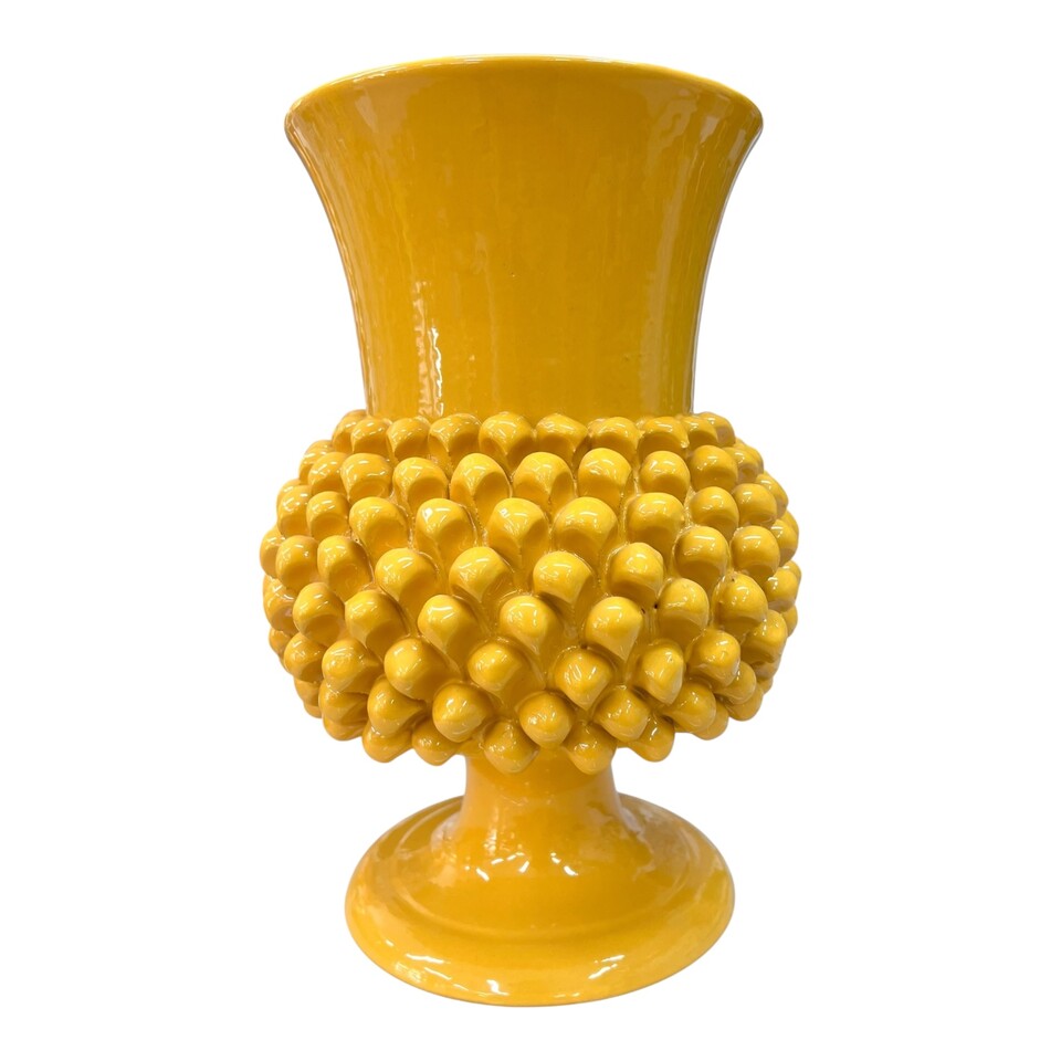 Vaso ornamentale a pigna in ceramica siciliana decoro giallo ocra Produzione artigianale di Santo Stefano di Camastra h.30cm