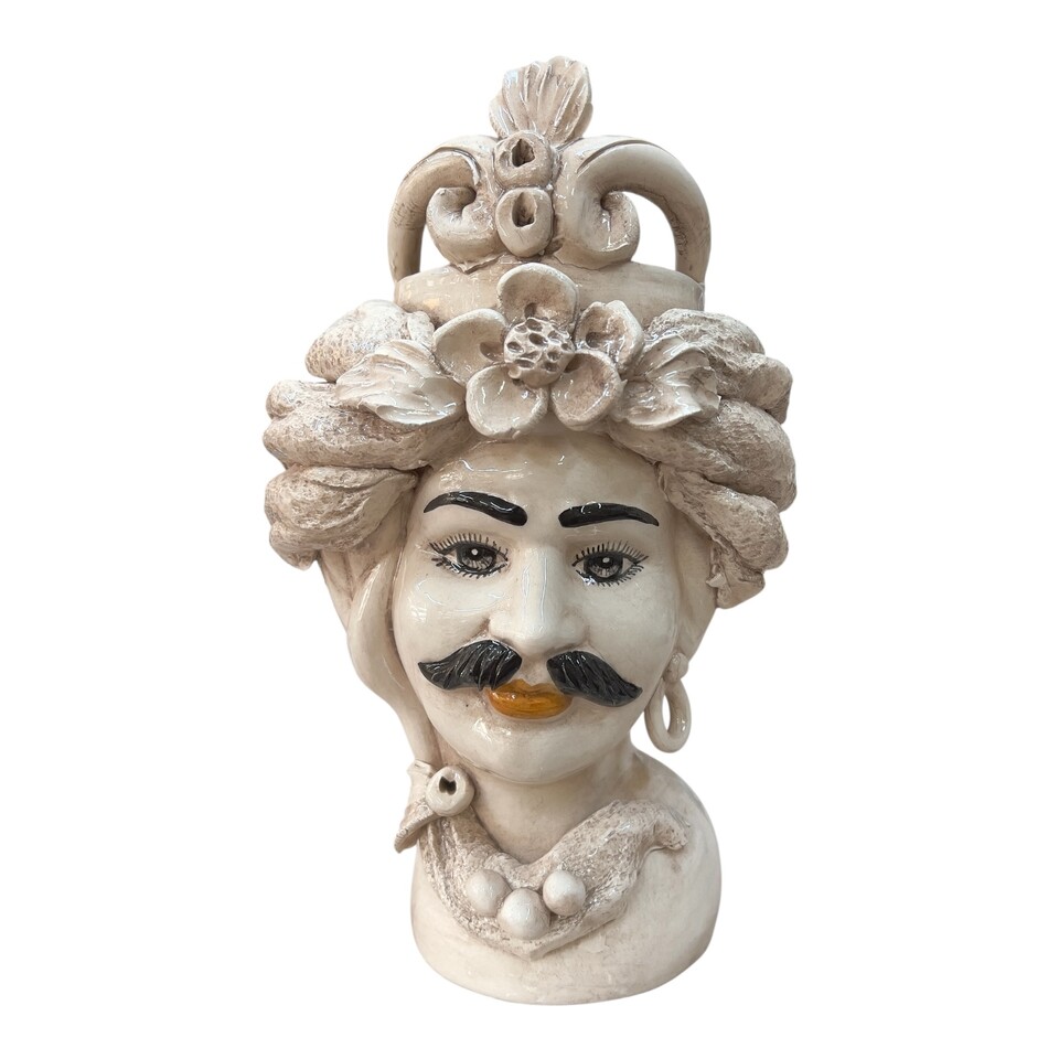 Coppia Teste di moro in ceramica siciliana con corona e turbante decoro fumé Produzione artigianale di Caltagirone h.30cm