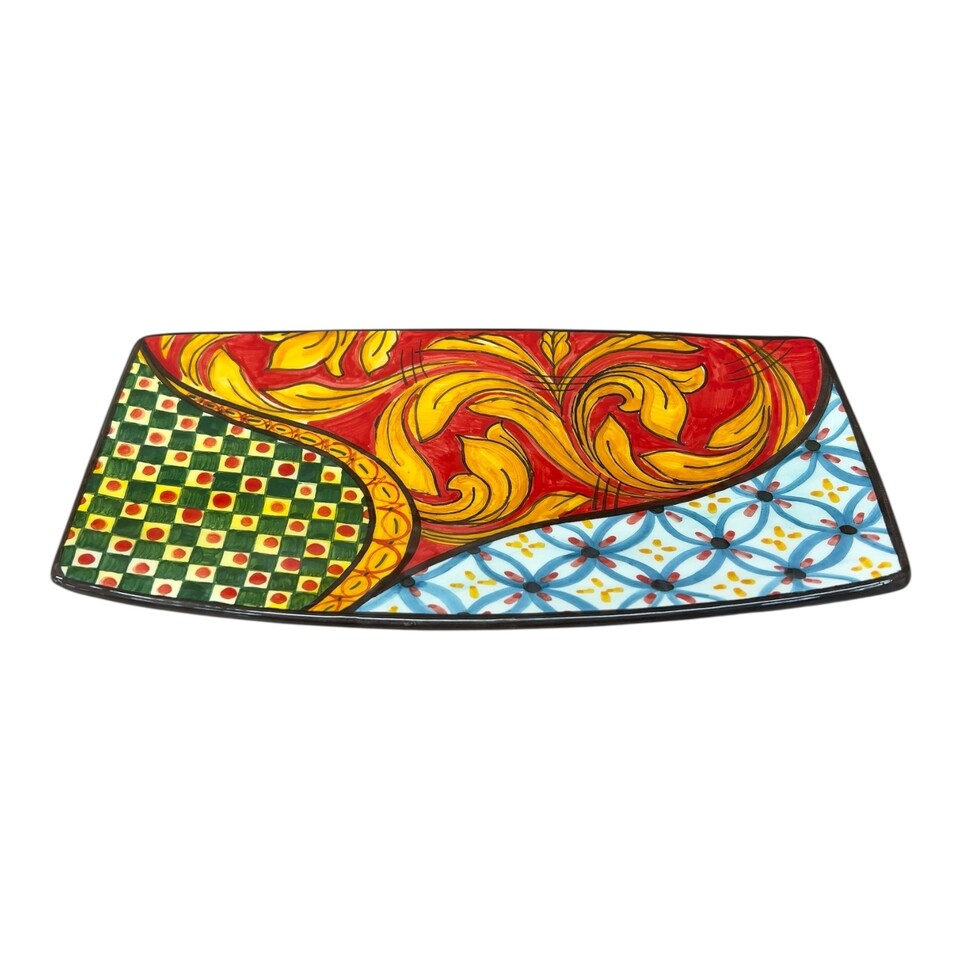 Piatto sushi in ceramica siciliana decoro Sicilian Folk Produzione artigianale di Catania lunghezza 20cm