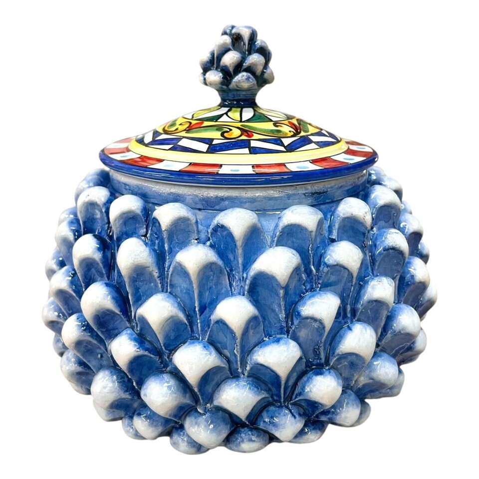 Biscottiera pigna blu antico sfumato decoro carretto Produzione artigianale di Santo Stefano di Camastra h.22cm
