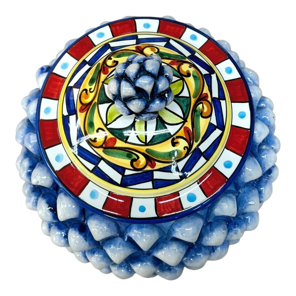 Biscottiera pigna blu antico sfumato decoro carretto Produzione artigianale di Santo Stefano di Camastra h.22cm