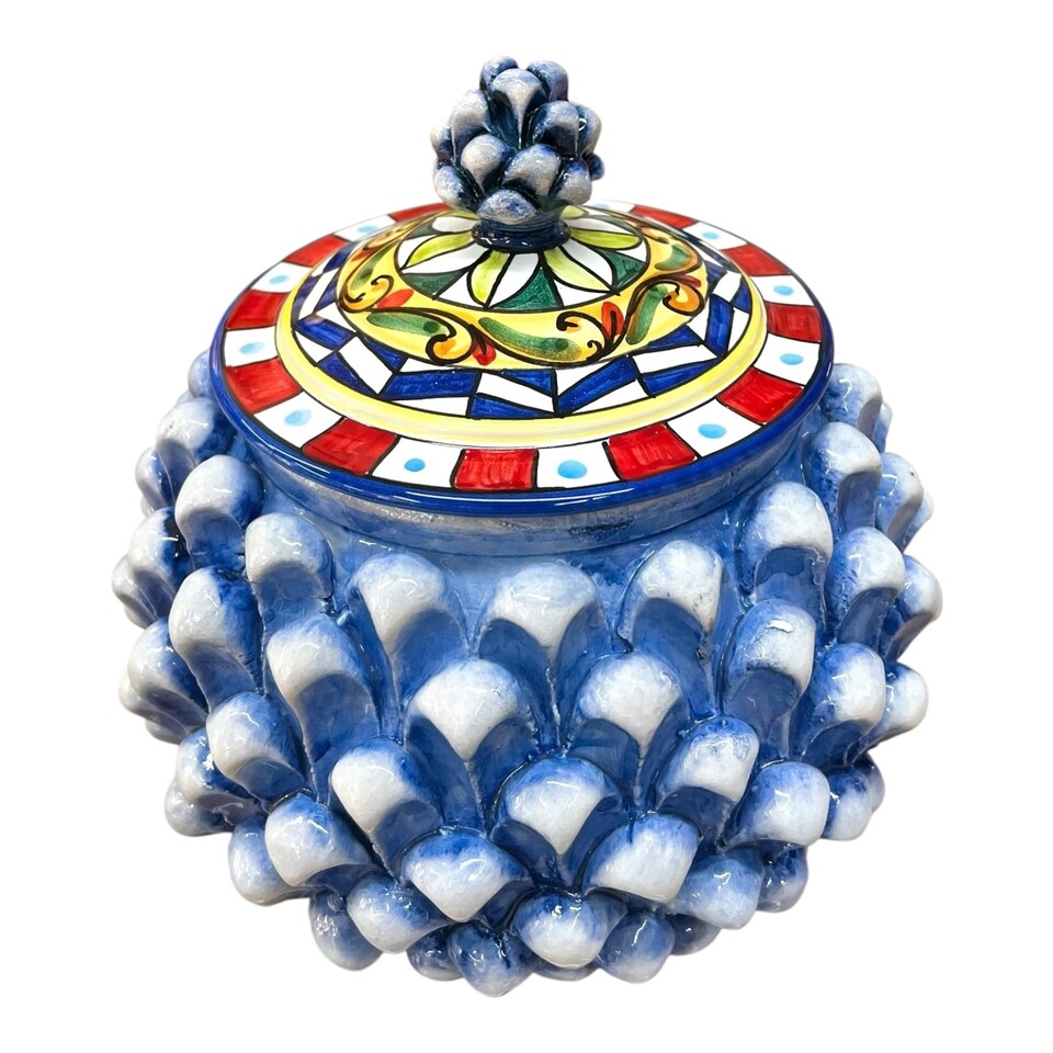 Biscottiera pigna blu antico sfumato decoro carretto Produzione artigianale di Santo Stefano di Camastra h.22cm
