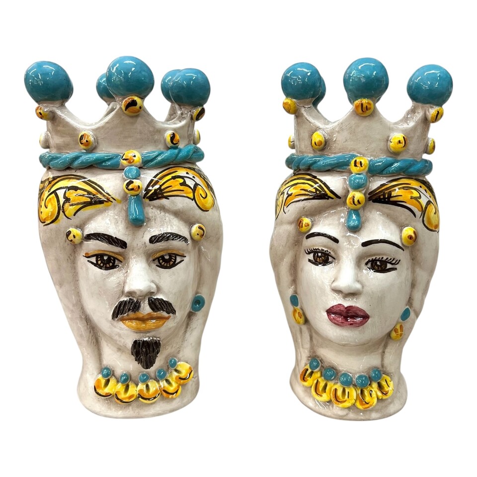 Teste di moro coppia in ceramica siciliana decoro fumé e azzurro Produzione artigianale di Caltagirone h.18cm