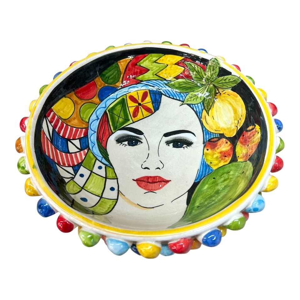 Centrotavola a pigna in ceramica siciliana multicolore con testa di moro donna, limoni e fichi d’ind Produzione artigianale di Santo Stefano di Camastra Diametro 25cm