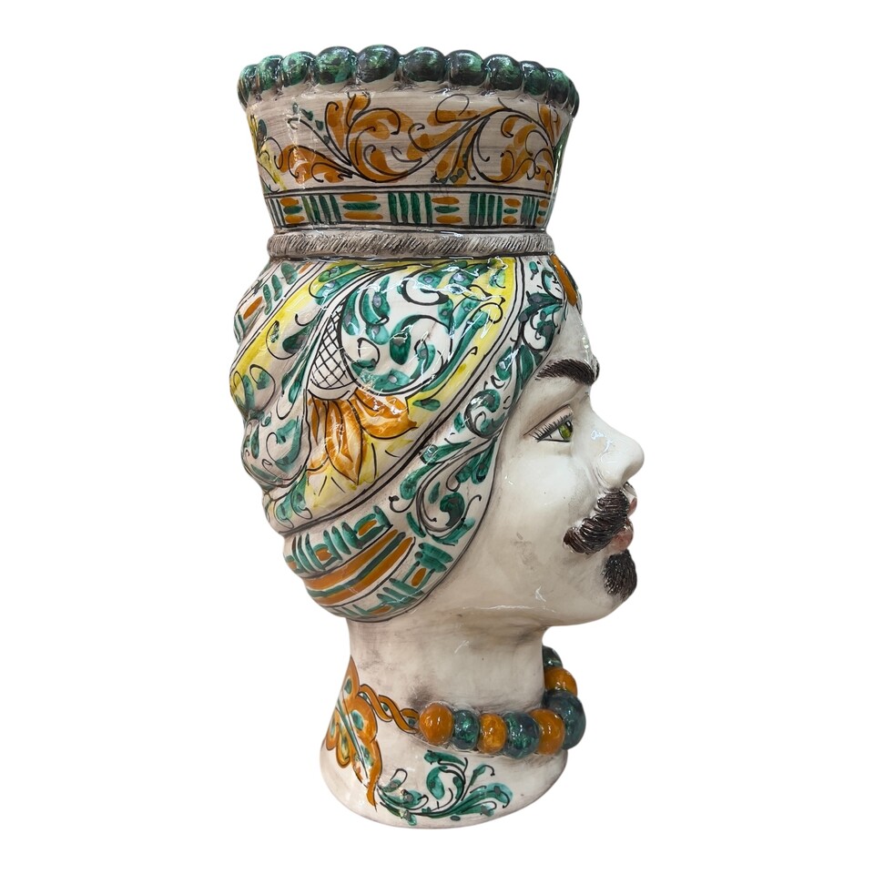 Coppia Teste di moro in ceramica siciliana decoro seicento verde Produzione artigianale di Santo Stefano di Camastra h.40cm