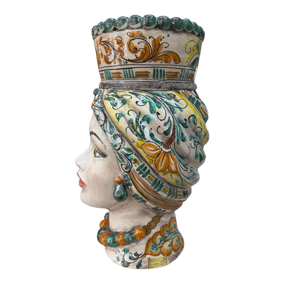 Coppia Teste di moro in ceramica siciliana decoro seicento verde Produzione artigianale di Santo Stefano di Camastra h.40cm