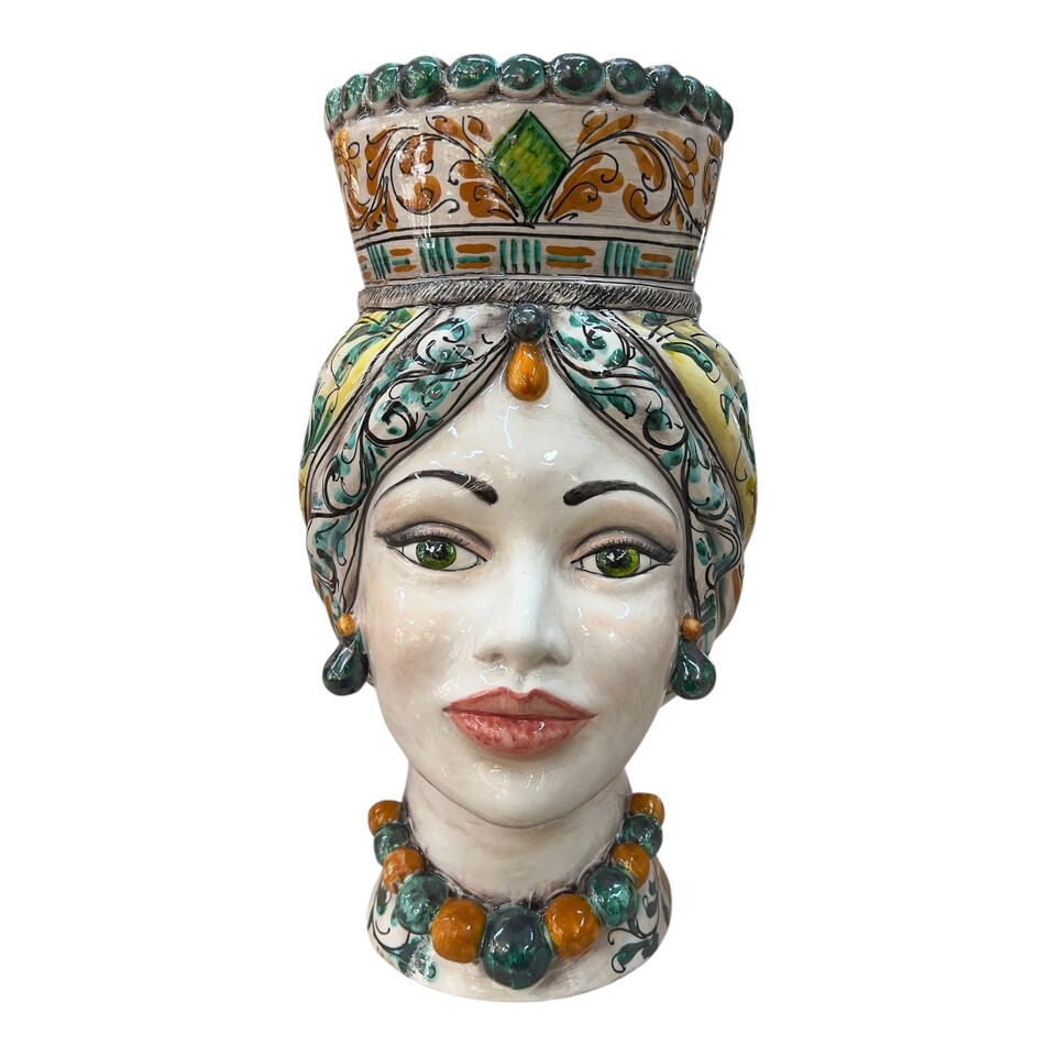 Coppia Teste di moro in ceramica siciliana decoro seicento verde Produzione artigianale di Santo Stefano di Camastra h.40cm