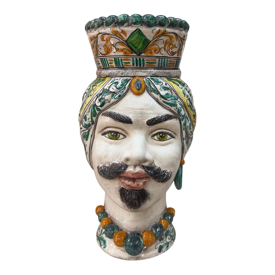 Coppia Teste di moro in ceramica siciliana decoro seicento verde Produzione artigianale di Santo Stefano di Camastra h.40cm