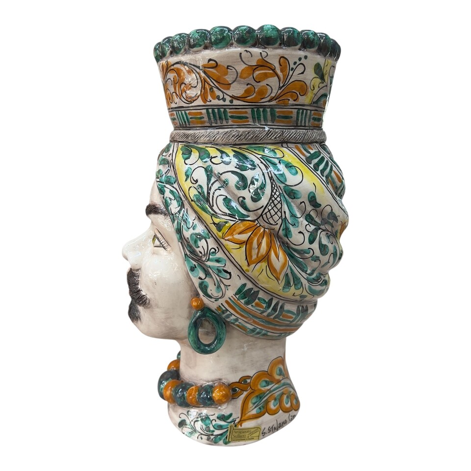 Coppia Teste di moro in ceramica siciliana decoro seicento verde Produzione artigianale di Santo Stefano di Camastra h.40cm