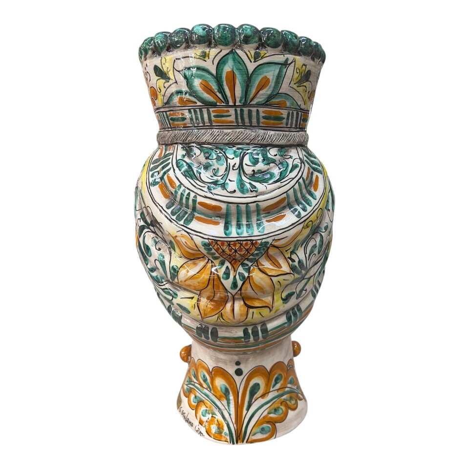 Coppia Teste di moro in ceramica siciliana decoro seicento verde Produzione artigianale di Santo Stefano di Camastra h.40cm