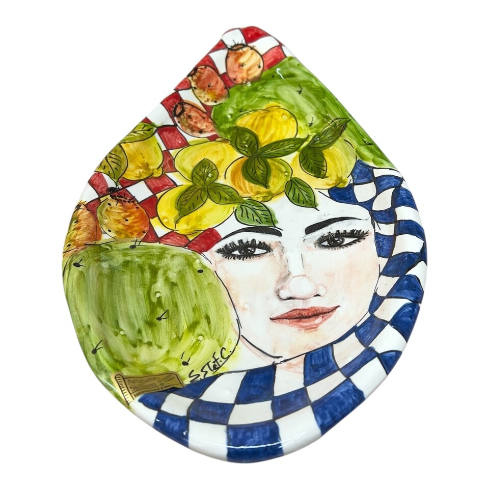 Centrotavola pala di fico d’india in ceramica siciliana decoro Sicula con limoni e fichi d’india Produzione artigianale di Santo Stefano di Camastra lunghezza 40cm