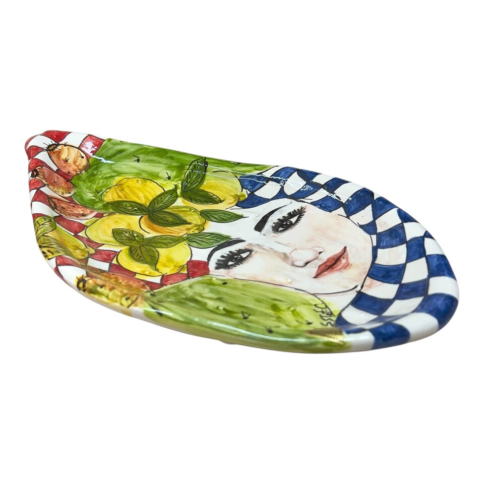 Centrotavola pala di fico d’india in ceramica siciliana decoro Sicula con limoni e fichi d’india Produzione artigianale di Santo Stefano di Camastra lunghezza 40cm