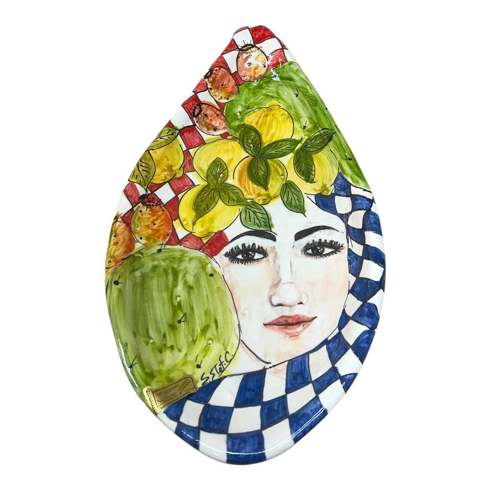 Centrotavola pala di fico d’india in ceramica siciliana decoro Sicula con limoni e fichi d’india Produzione artigianale di Santo Stefano di Camastra lunghezza 40cm