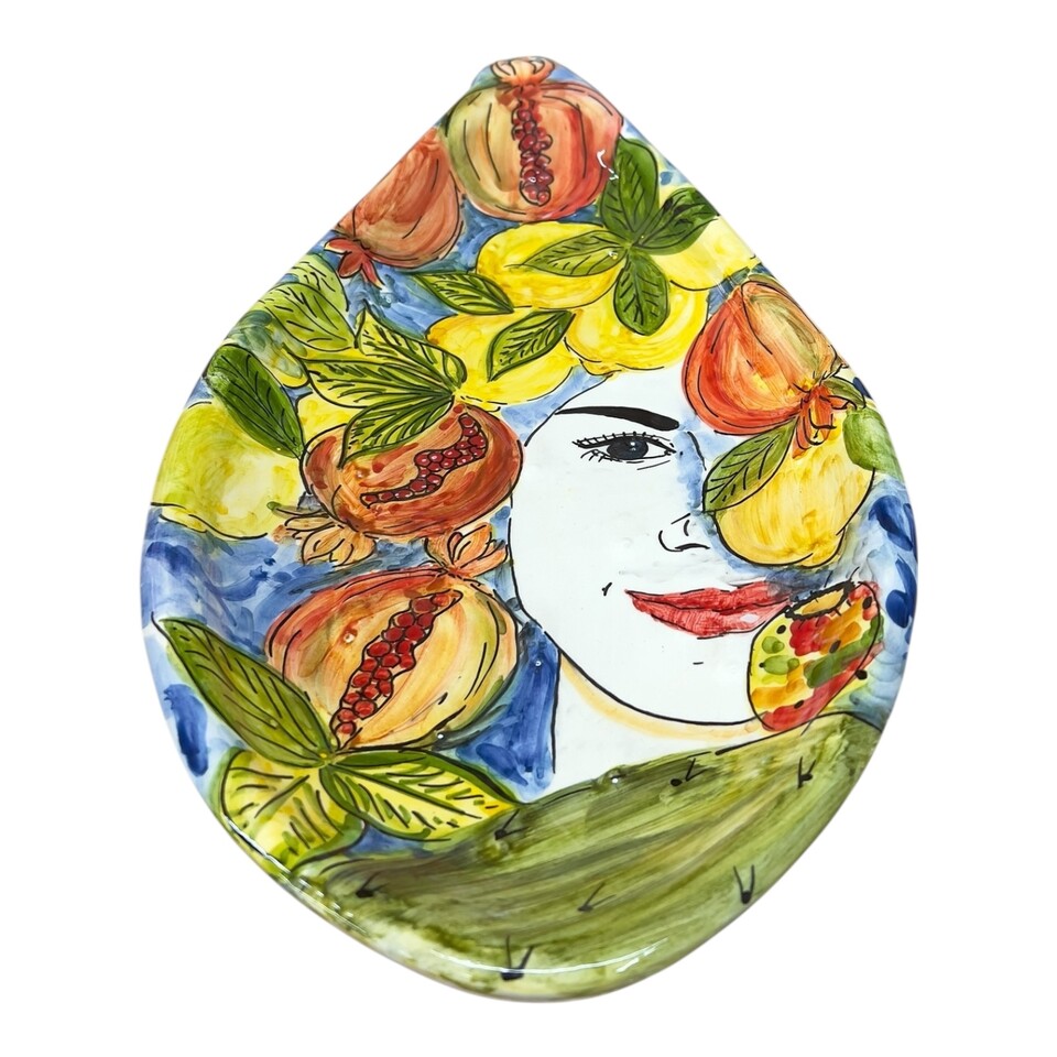Centrotavola Pala di fico d’india in ceramica siciliana decoro Sicula con frutta Produzione artigianale di Santo Stefano di Camastra lunghezza 40cm