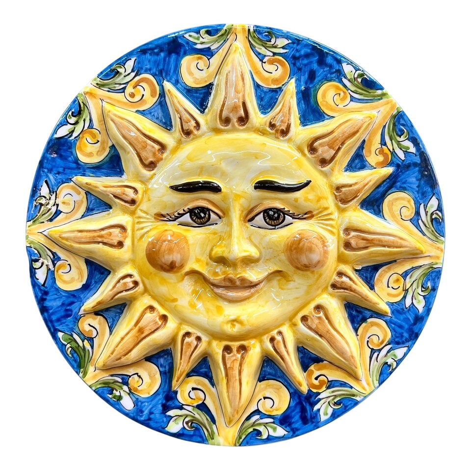 Sole piatto in ceramica siciliana da parete decoro ornato giallo fondo blu antico Produzione artigianale di Caltagirone Diametro 25cm