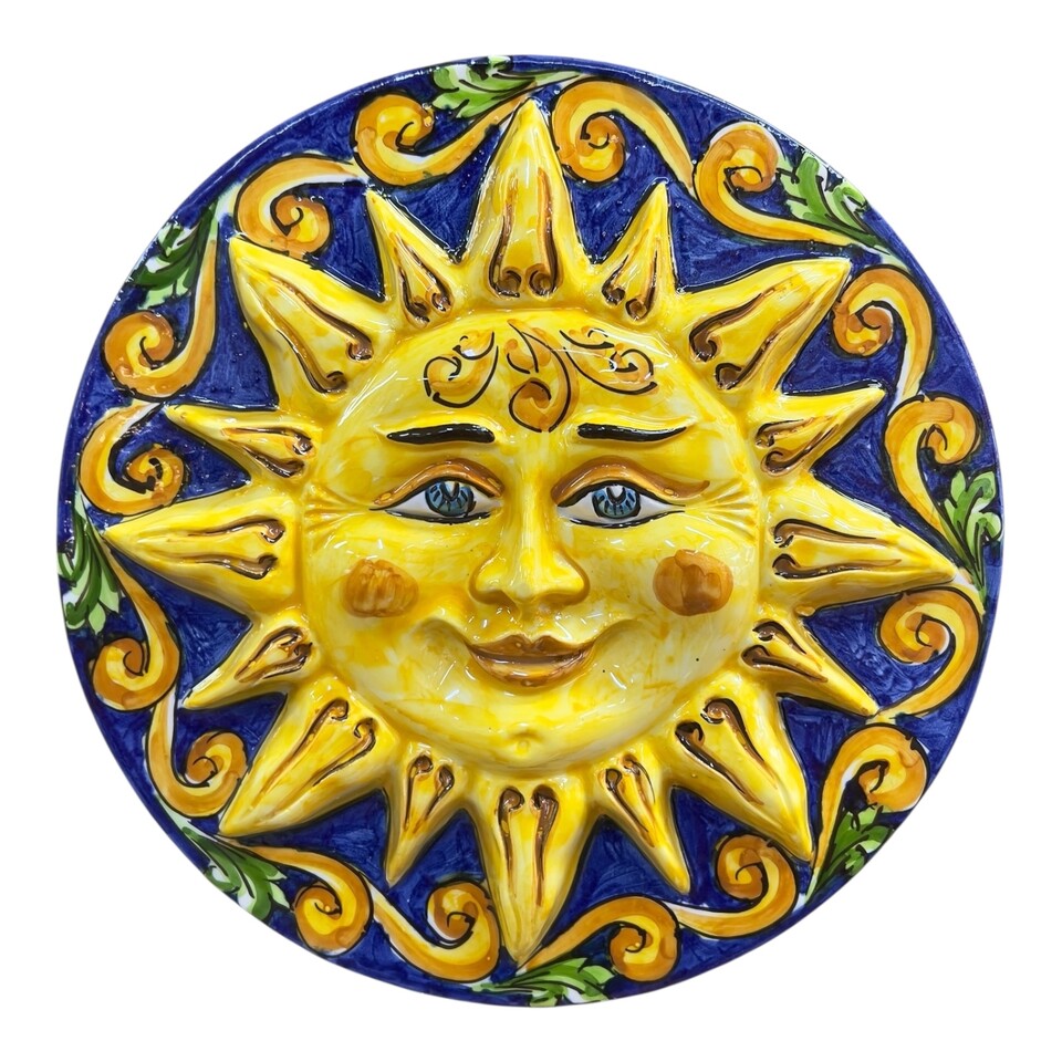 Sole piatto in ceramica siciliana da parete decoro ornato giallo fondo blu Produzione artigianale di Caltagirone Diametro 25cm
