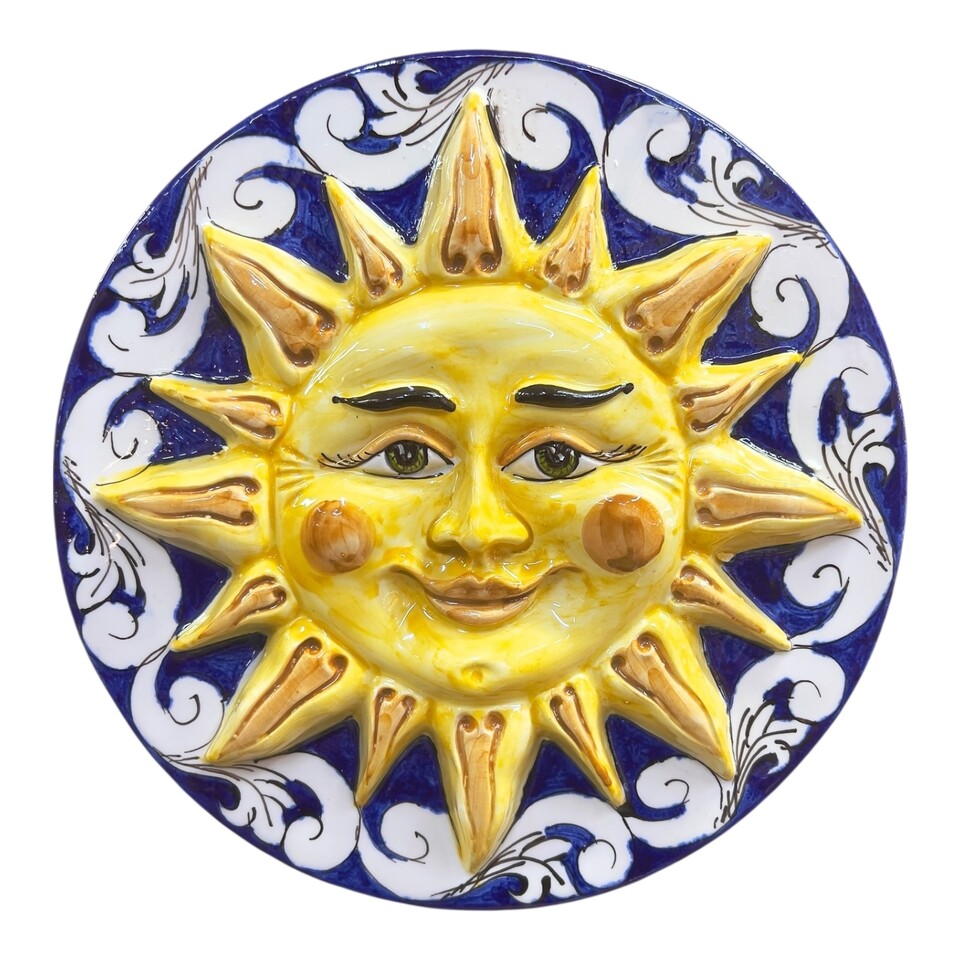 Sole piatto da parete in ceramica siciliana decoro ornato bianco fondo blu cobalto Produzione artigianale di Caltagirone Diametro 25cm