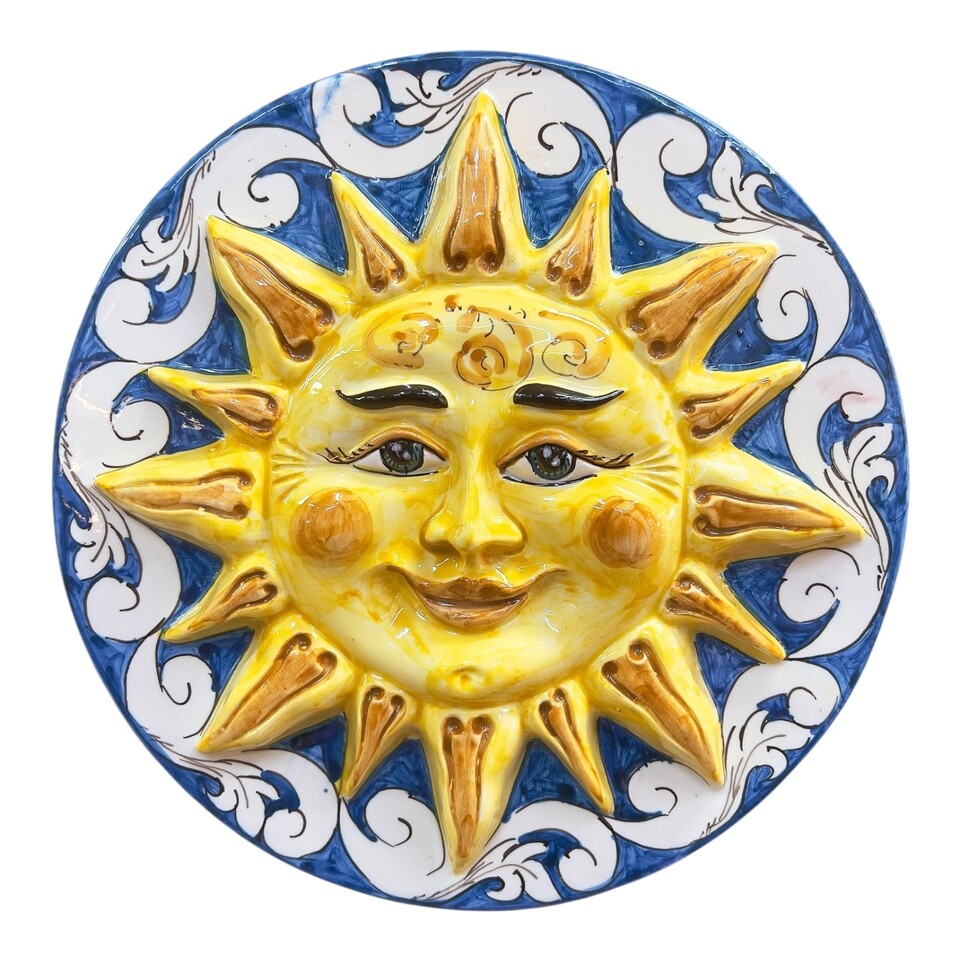 Sole piatto da parete in ceramica decoro ornato bianco fondo blu antico Produzione artigianale di Caltagirone Diametro 25cm