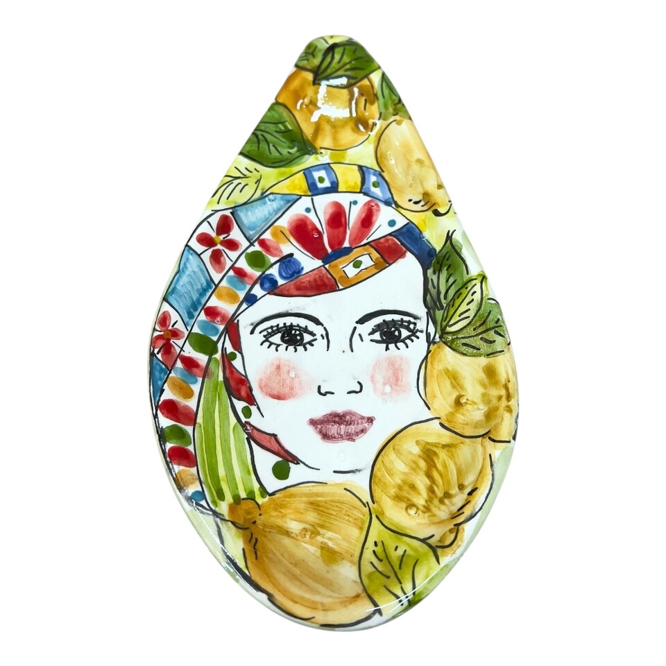 Svuota tasche pala di fico d’india in ceramica siciliana decoro donna con limoni Produzione artigianale di Santo Stefano di Camastra Lunghezza 22cm