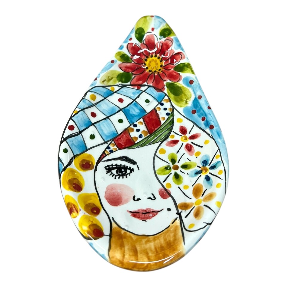 Svuota tasche pala fico d’india in ceramica siciliana decoro Donna carretto Produzione artigianale di Santo Stefano di Camastra Lunghezza 22cm