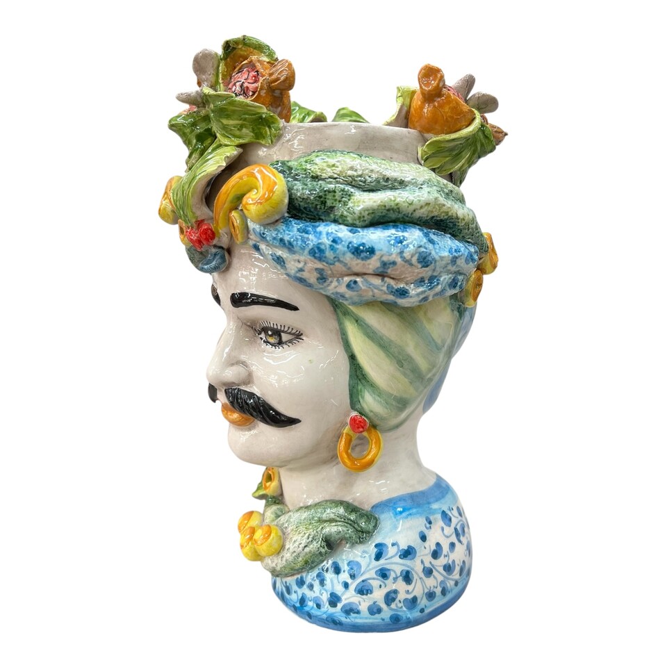 Testa di moro Uomo in ceramica decoro blu antico floreale con melograni e turbante Produzione artigianale di Caltagirone h.30cm