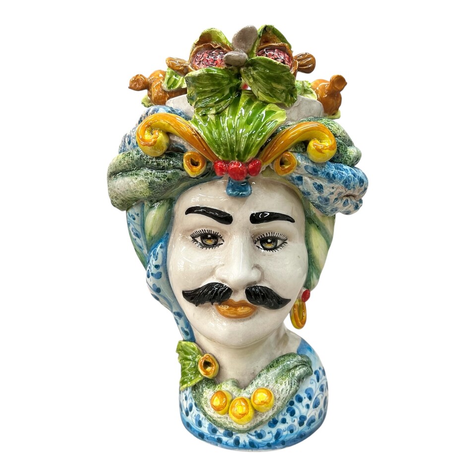 Testa di moro Uomo in ceramica decoro blu antico floreale con melograni e turbante Produzione artigianale di Caltagirone h.30cm