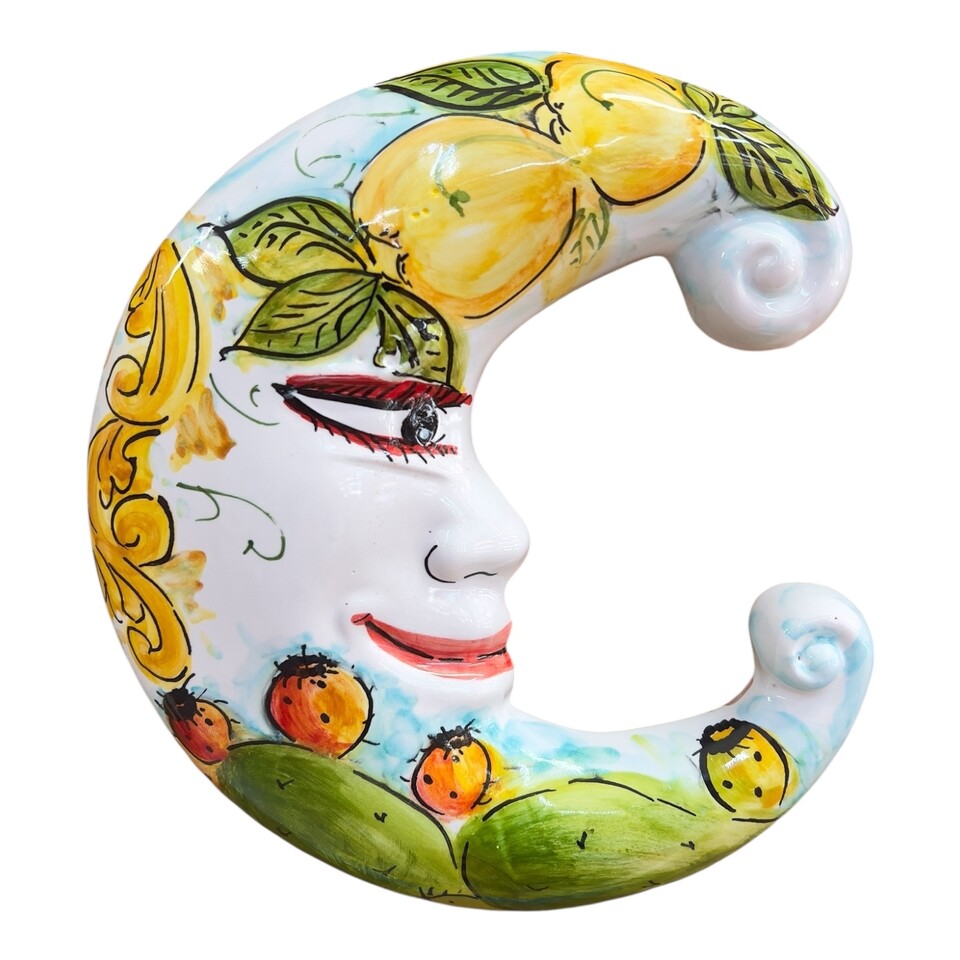 Luna da parete in ceramica siciliana decoro con fichi d’india e limoni Produzione artigianale di Santo Stefano di Camastra Lunghezza 25cm